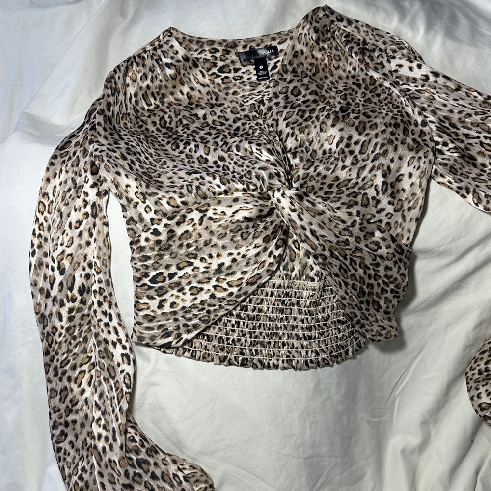 Aqua Tan Puff Sleeve Wrap Blouse
